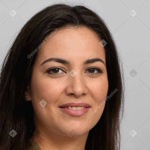 Joyful white young-adult female with long  brown hair and brown eyes