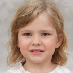 Joyful white child female with medium  brown hair and blue eyes