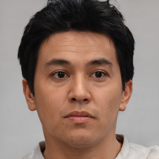 Neutral asian young-adult male with short  brown hair and brown eyes