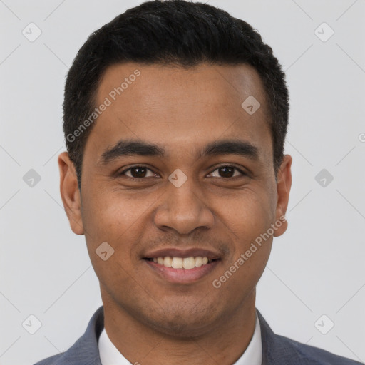 Joyful latino young-adult male with short  black hair and brown eyes