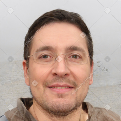 Joyful white adult male with short  brown hair and brown eyes