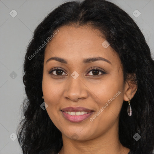 Joyful latino young-adult female with long  brown hair and brown eyes