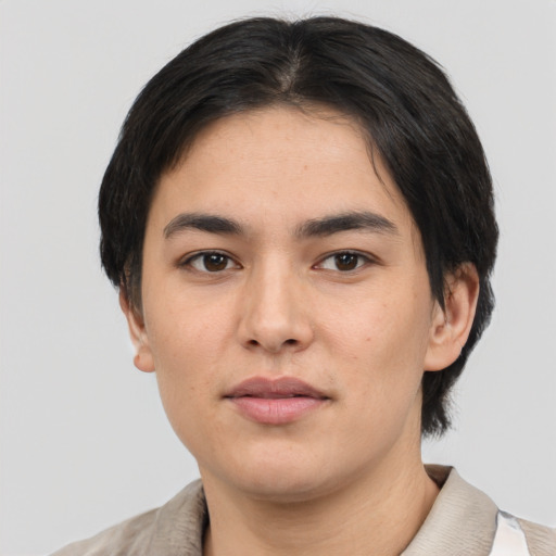 Neutral white young-adult female with medium  black hair and brown eyes