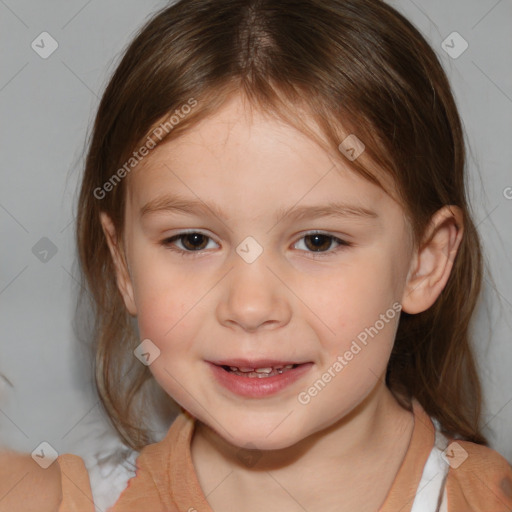 Joyful white child female with medium  brown hair and brown eyes