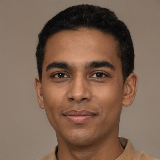 Neutral black young-adult male with short  black hair and brown eyes