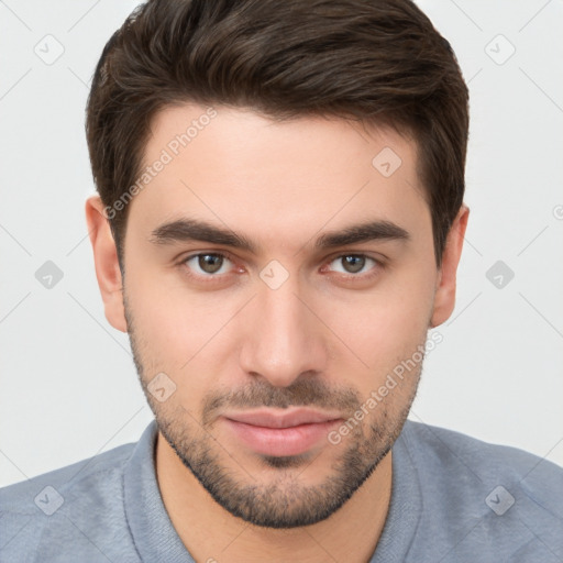 Neutral white young-adult male with short  brown hair and brown eyes