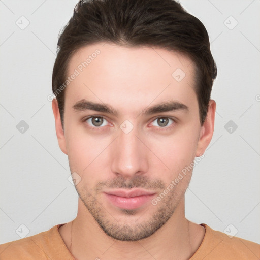 Neutral white young-adult male with short  brown hair and brown eyes