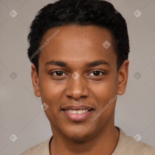 Joyful black young-adult male with short  black hair and brown eyes