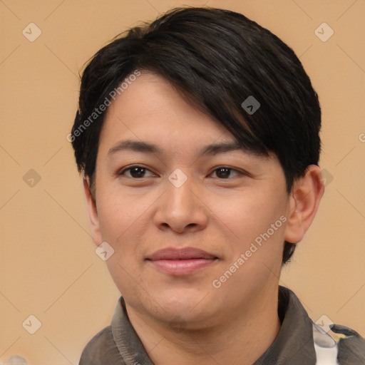 Joyful asian young-adult male with short  brown hair and brown eyes