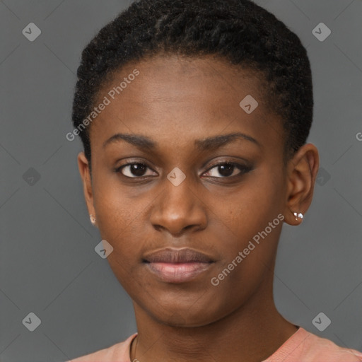 Neutral black young-adult female with short  brown hair and brown eyes