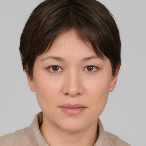 Neutral white young-adult female with short  brown hair and brown eyes