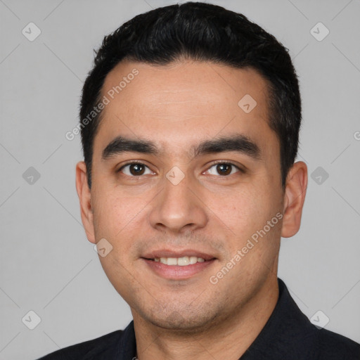 Joyful white young-adult male with short  black hair and brown eyes