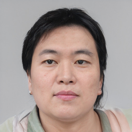Neutral asian adult male with medium  black hair and brown eyes