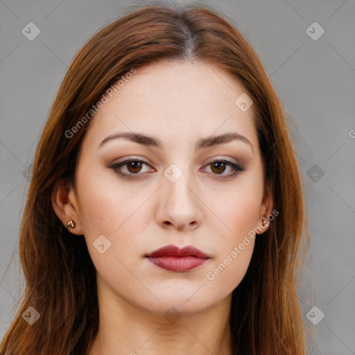 Neutral white young-adult female with long  brown hair and brown eyes