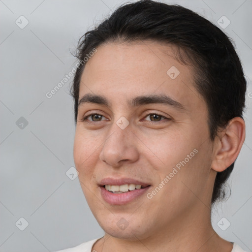 Joyful white young-adult male with short  brown hair and brown eyes