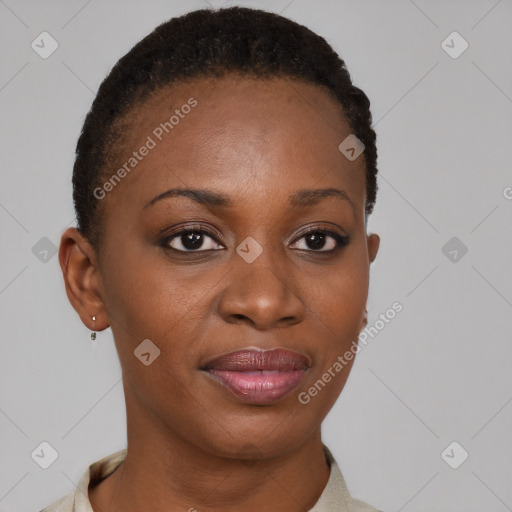 Joyful black young-adult female with short  brown hair and brown eyes