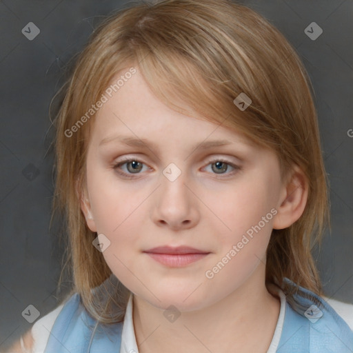 Neutral white child female with medium  brown hair and blue eyes