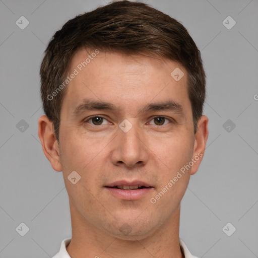 Neutral white young-adult male with short  brown hair and brown eyes