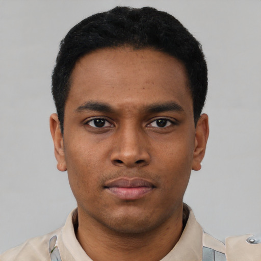 Neutral black young-adult male with short  black hair and brown eyes