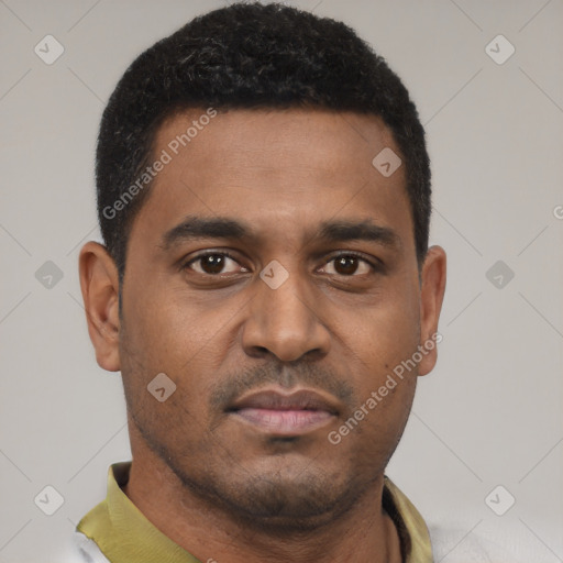 Neutral black young-adult male with short  black hair and brown eyes