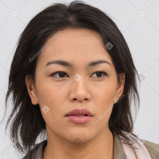 Neutral asian young-adult female with medium  brown hair and brown eyes