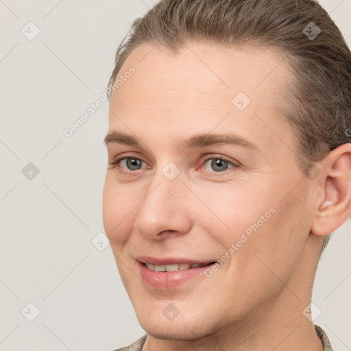 Joyful white young-adult female with short  brown hair and brown eyes