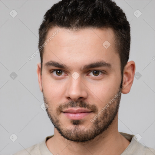 Neutral white young-adult male with short  brown hair and brown eyes