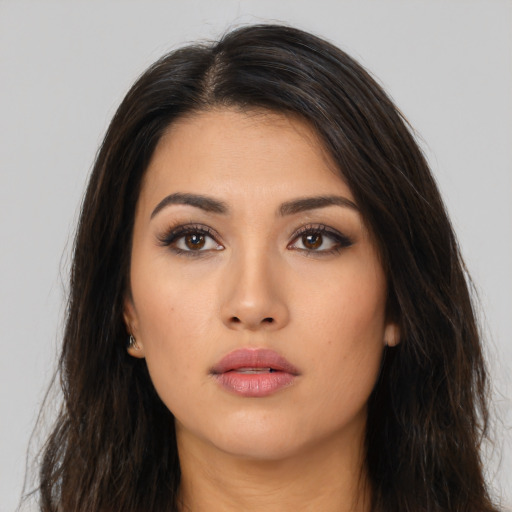 Neutral asian young-adult female with long  brown hair and brown eyes