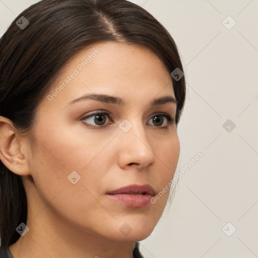 Neutral white young-adult female with medium  brown hair and brown eyes