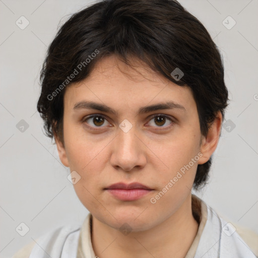 Neutral white young-adult female with medium  brown hair and brown eyes