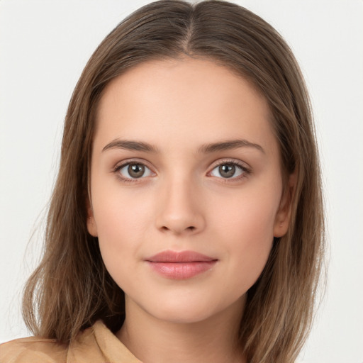 Neutral white young-adult female with long  brown hair and brown eyes