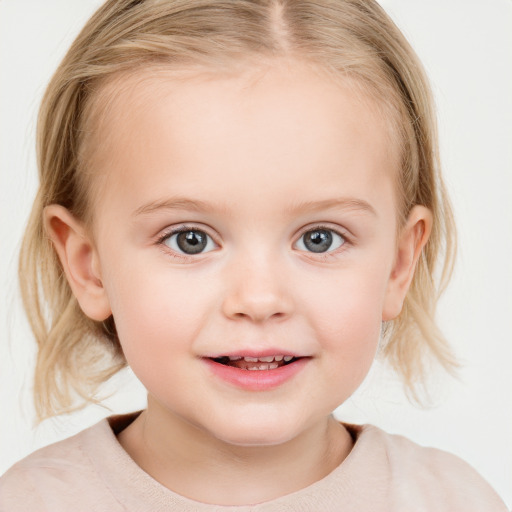 Joyful white child female with medium  brown hair and blue eyes