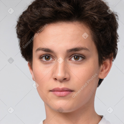 Neutral white young-adult female with short  brown hair and brown eyes