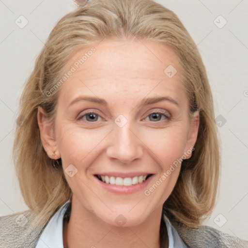 Joyful white young-adult female with medium  brown hair and blue eyes