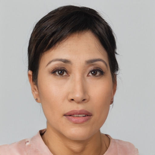 Neutral asian young-adult female with short  black hair and brown eyes