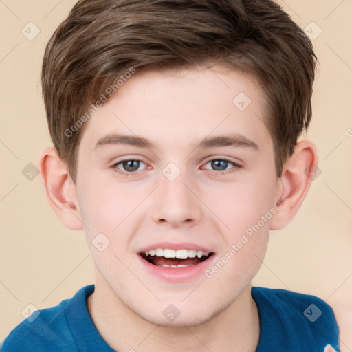 Joyful white child male with short  brown hair and brown eyes