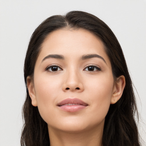 Neutral asian young-adult female with long  brown hair and brown eyes