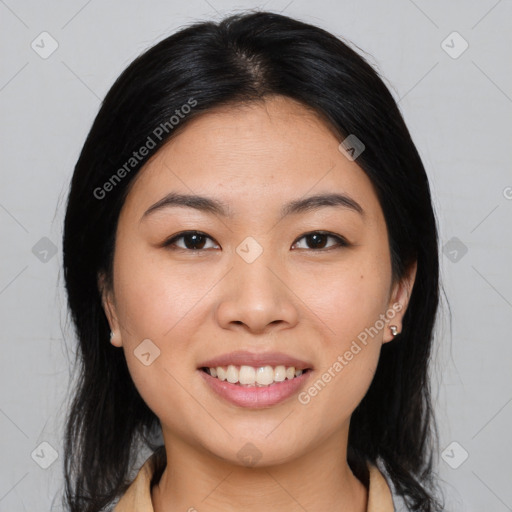 Joyful asian young-adult female with medium  brown hair and brown eyes