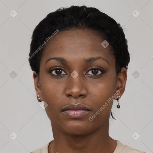 Neutral black young-adult female with short  black hair and brown eyes