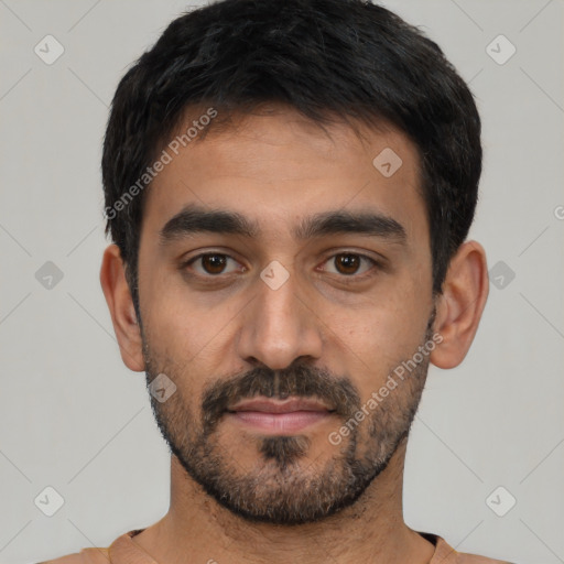 Neutral latino young-adult male with short  black hair and brown eyes