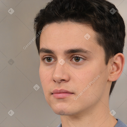 Neutral white young-adult male with short  brown hair and brown eyes