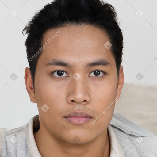 Neutral asian young-adult male with short  brown hair and brown eyes