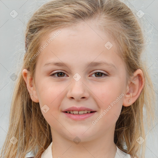 Joyful white child female with medium  brown hair and brown eyes