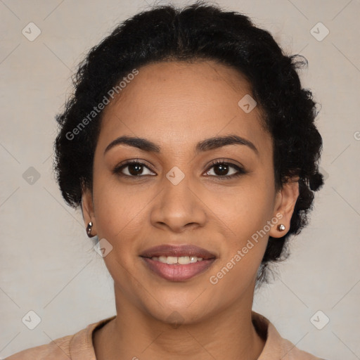 Joyful latino young-adult female with short  brown hair and brown eyes