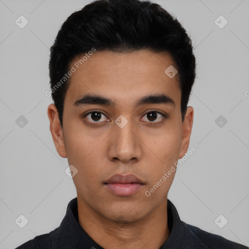 Neutral asian young-adult male with short  black hair and brown eyes