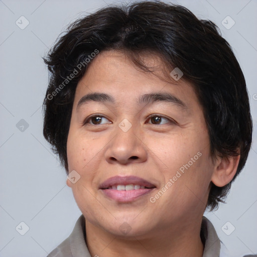 Joyful white adult female with medium  brown hair and brown eyes