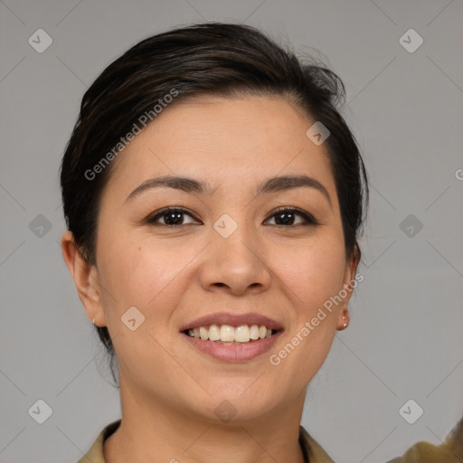 Joyful white young-adult female with medium  brown hair and brown eyes