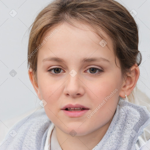 Joyful white child female with medium  brown hair and blue eyes