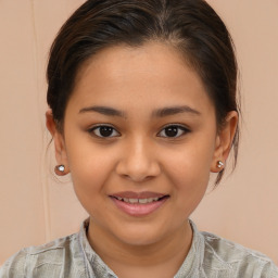 Joyful white child female with medium  brown hair and brown eyes