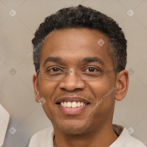 Joyful black adult male with short  black hair and brown eyes